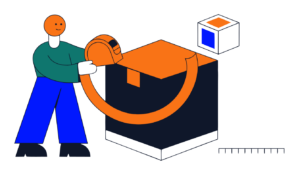 Illustration of a person measuring a cardboard box with a tape measure representing CBM volume calculation