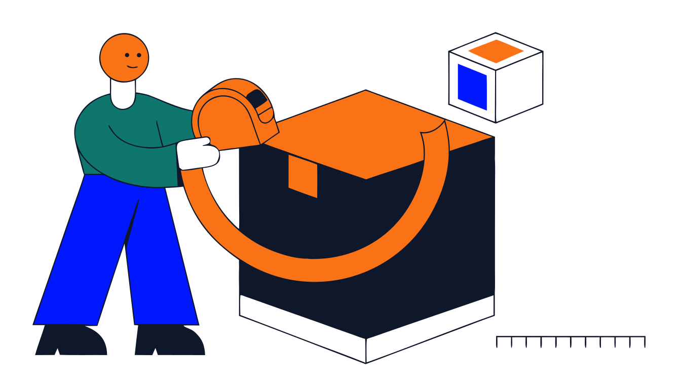 Illustration of a person measuring a cardboard box with a tape measure representing CBM volume calculation