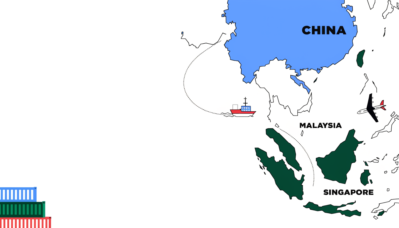 Illustrated shipping route map from China to Malaysia and Singapore with cargo ship and airplane icons