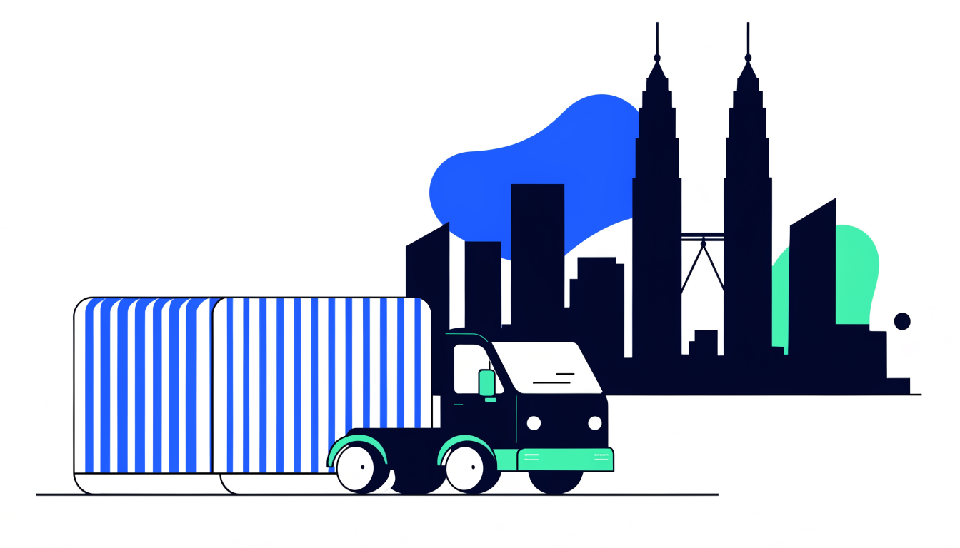 Illustration of Kuala Lumpur Petronas Twin Towers skyline with a shipping container and delivery truck