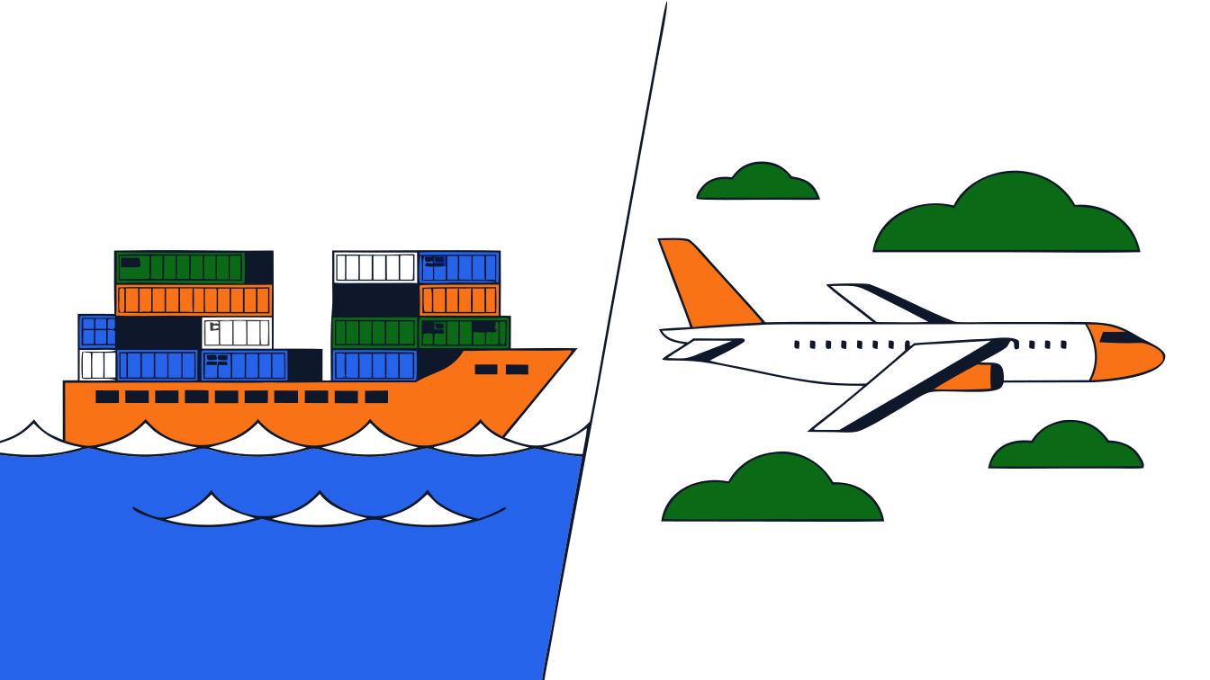 Split illustration comparing a cargo ship on the left and a cargo airplane on the right for sea versus air freight