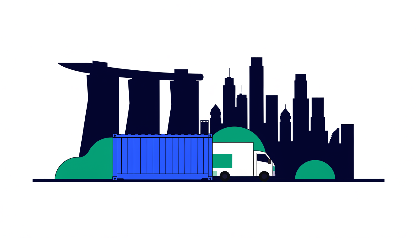 Illustration of Singapore Marina Bay skyline with a shipping container and delivery truck