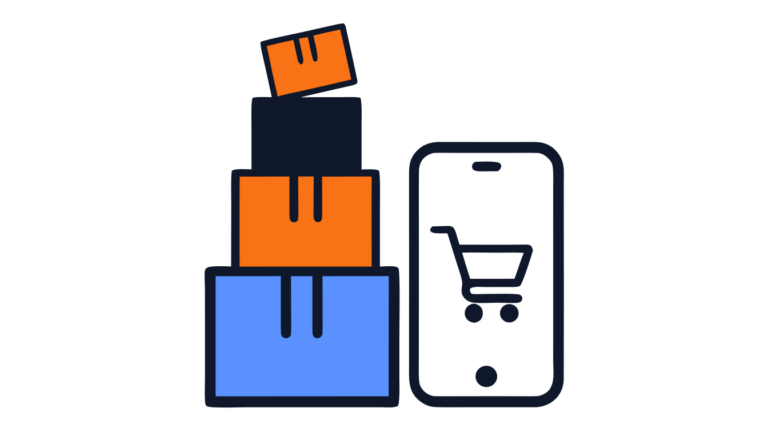 Illustration of stacked parcel boxes next to a smartphone with a shopping cart icon representing Taobao orders