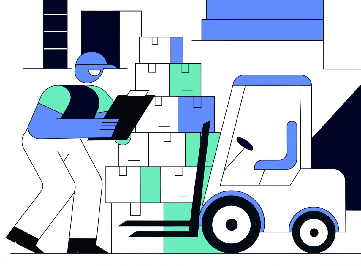 Illustration of a warehouse worker inspecting stacked boxes next to a forklift during consolidation